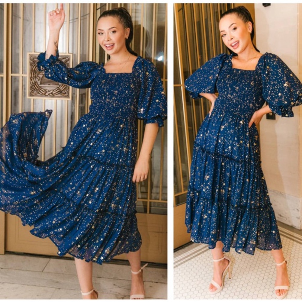 Ivy City Co Starry Nights Dress In Dark Blue Size Medium